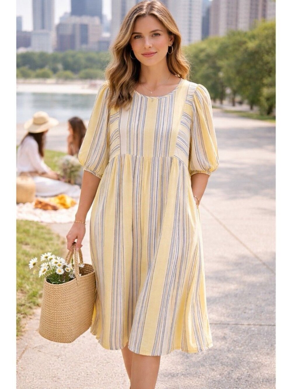 Womens Midi Dress Sz 14 Yellow Striped Balloon Sleeve Pockets Spring Cottagecore